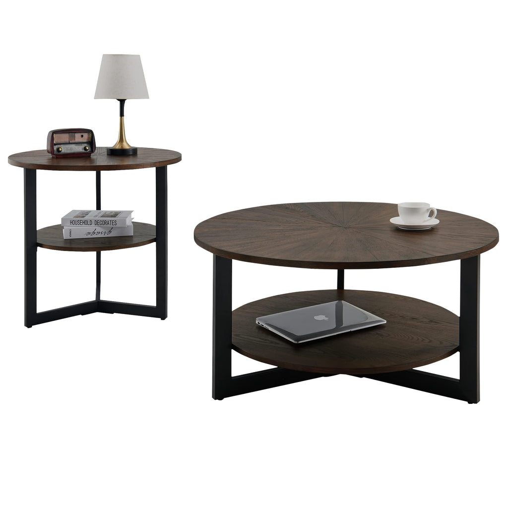 Round Coffee Table with Storage Shelf, Black Metal Legs, 35.3''D x 17.8''H P218