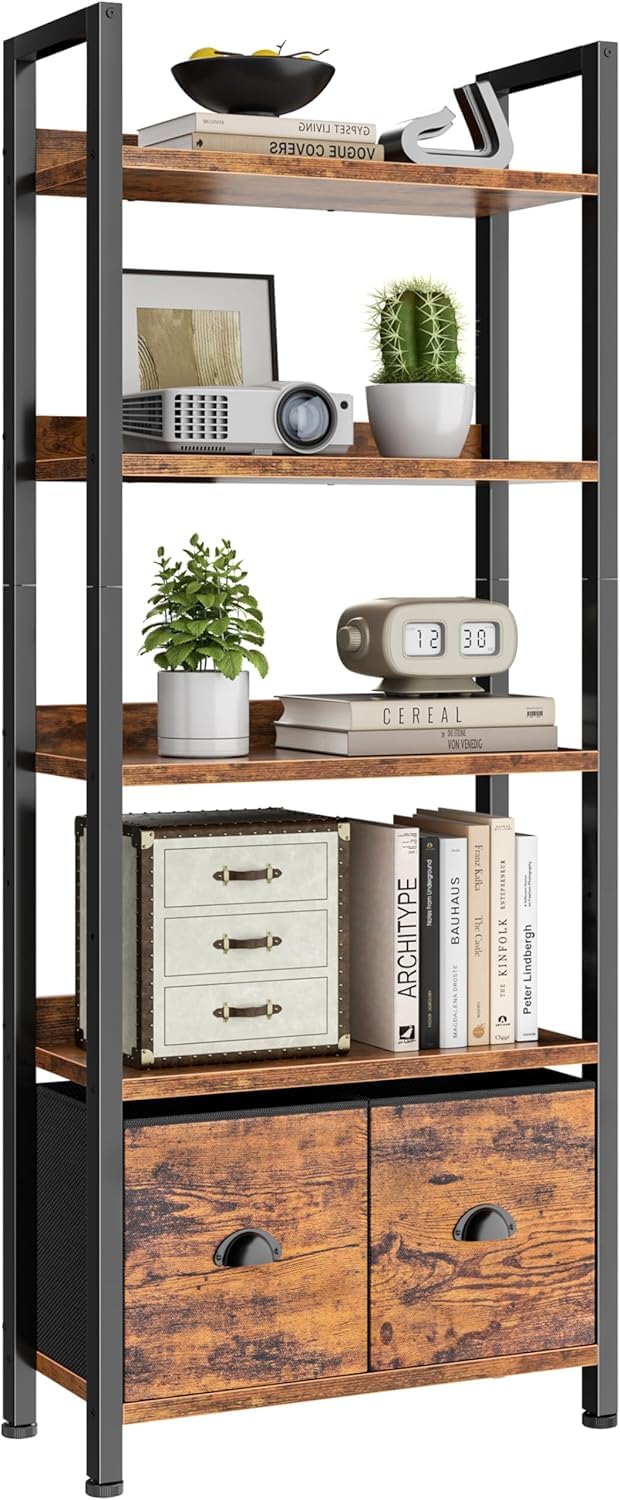 5-Tier Tall Bookshelf with 2 Fabric Drawers A39179