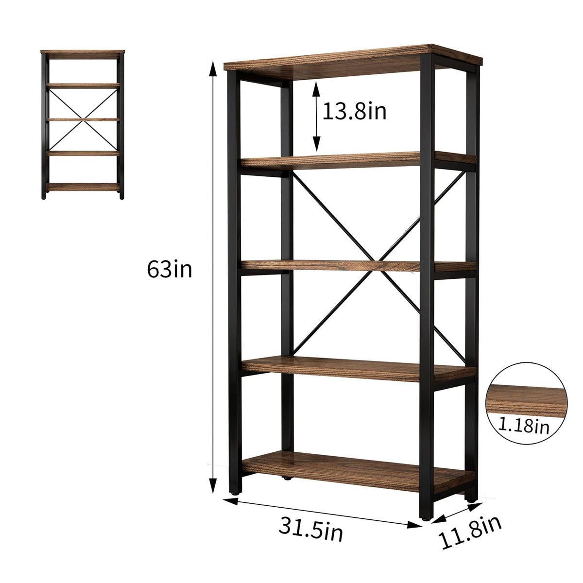 5-Tier Solid Wood Bookshelf E257650