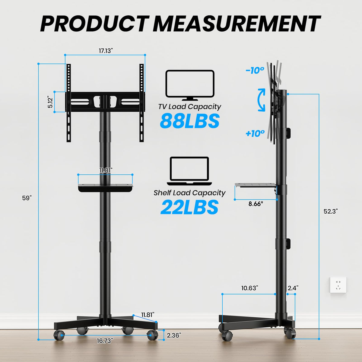 Height Adjustable Rolling TV Cart with Shelf and Locking Wheels Y46056
