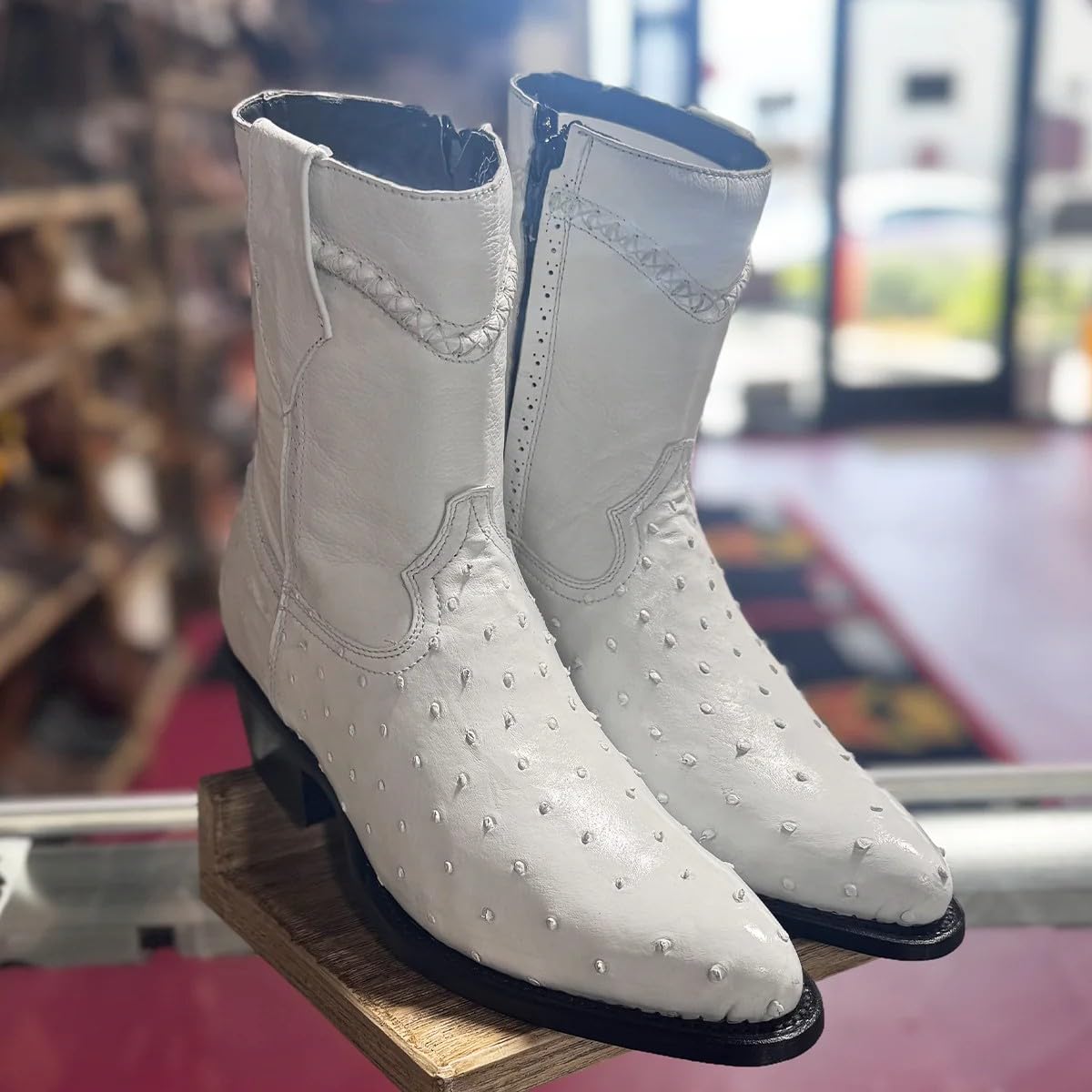 White Ostrich Print Leather Ankle Cowboy Boots with Zipper B347421