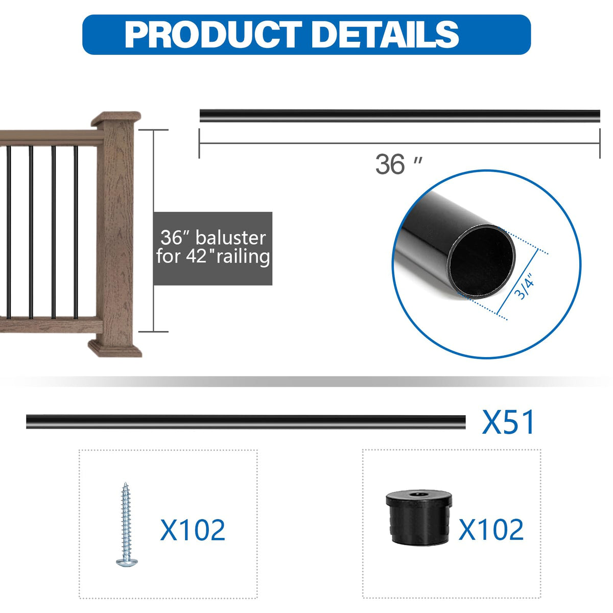 51 Pack 36" Black Aluminum Deck Balusters H699084
