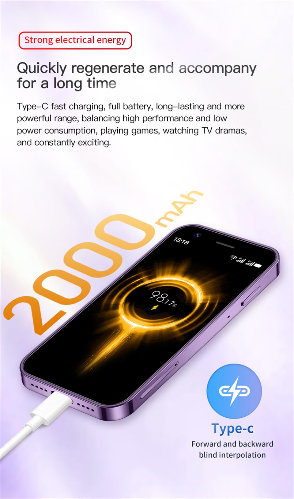 3.0 inch Mini Smartphone 4G LTE Android 10 Quad Core 2000mAh Type-C Dual SIM Purple 3GB RAM 64GB ROM D294477