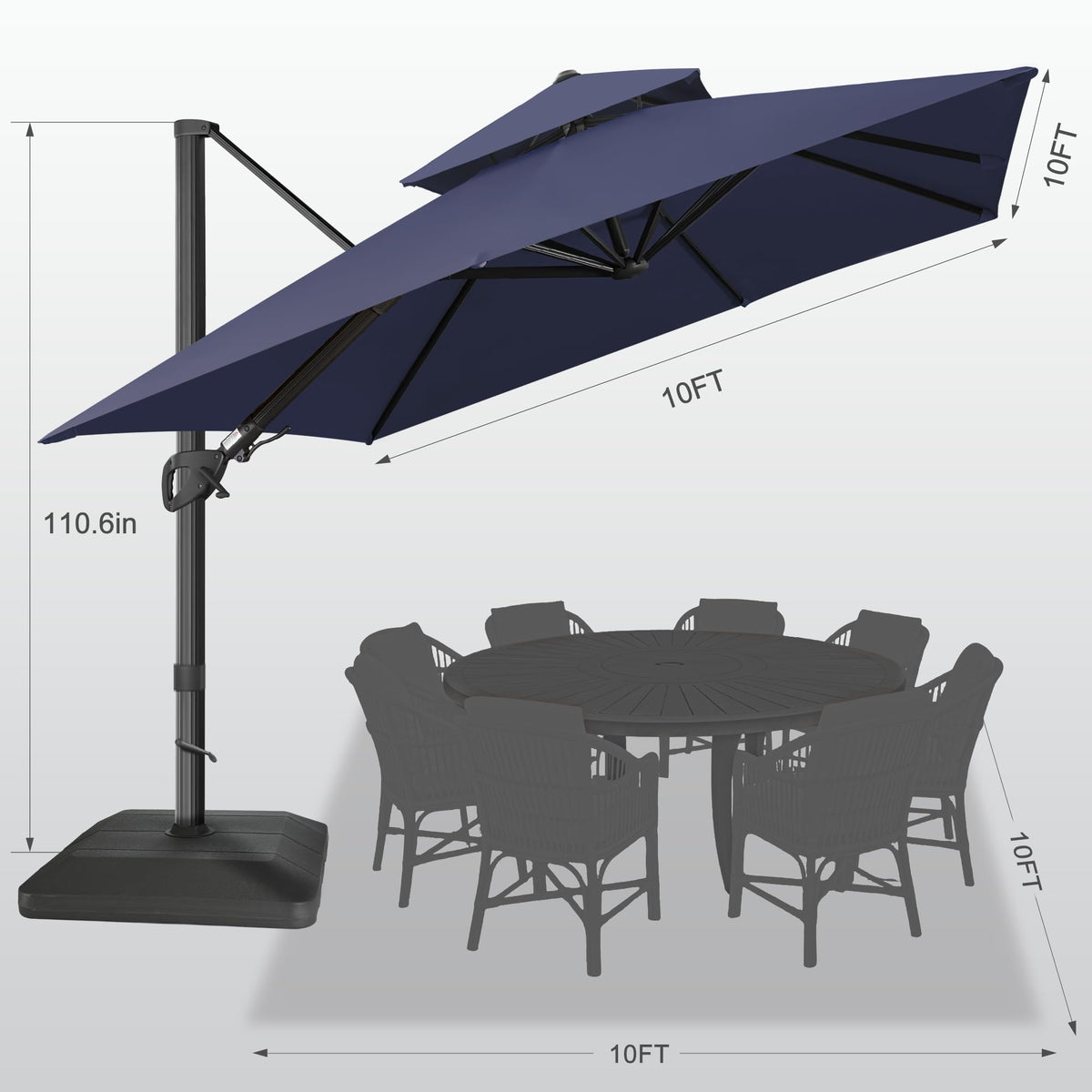 10x10 FT Square Navy Blue Cantilever Patio Umbrella O53176