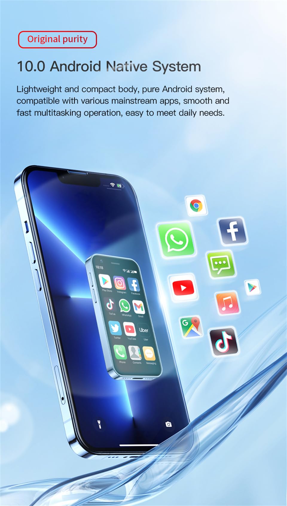 3.0 inch Mini Smartphone 4G LTE Android 10 Quad Core 2000mAh Type-C Dual SIM Purple 3GB RAM 64GB ROM D294477