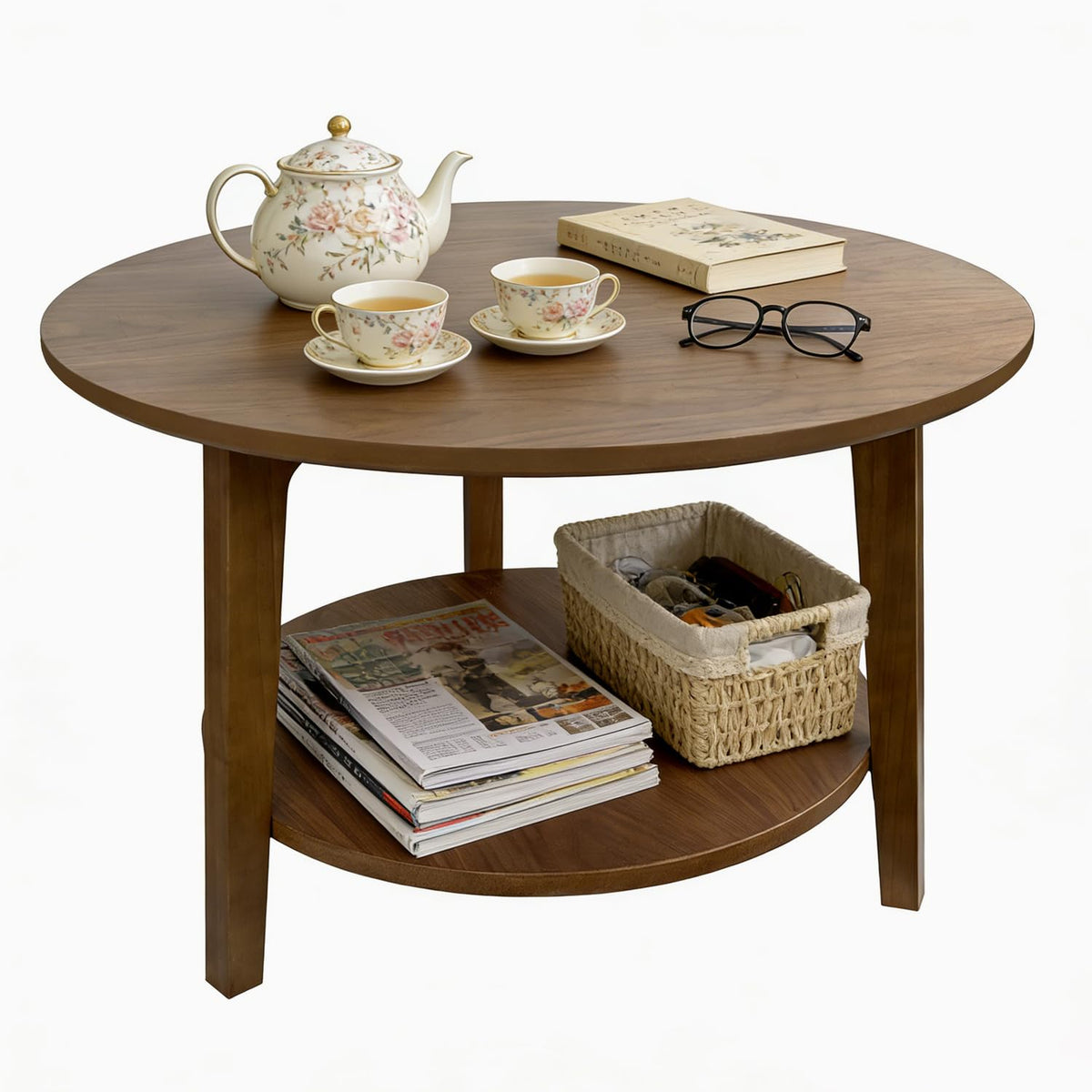 2-Tier Round Wood Coffee Table with Storage Shelf Z764620