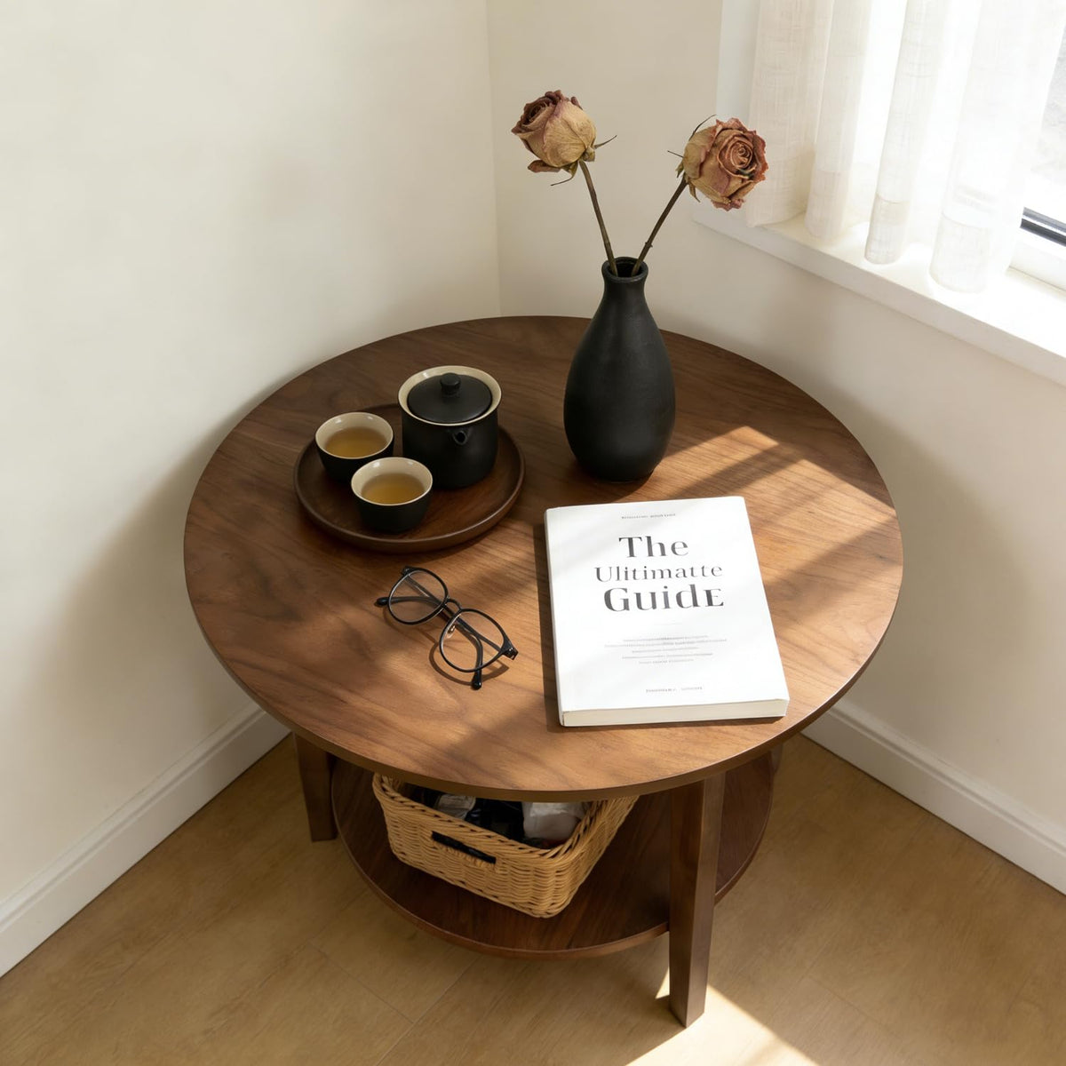 2-Tier Round Wood Coffee Table with Storage Shelf Z764620