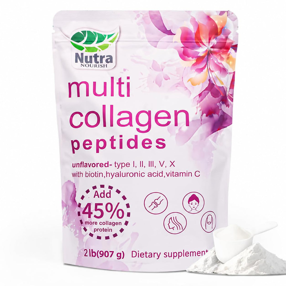 Multi Collagen Peptides Powder, 2LB Type I II III V X Unflavored L81362
