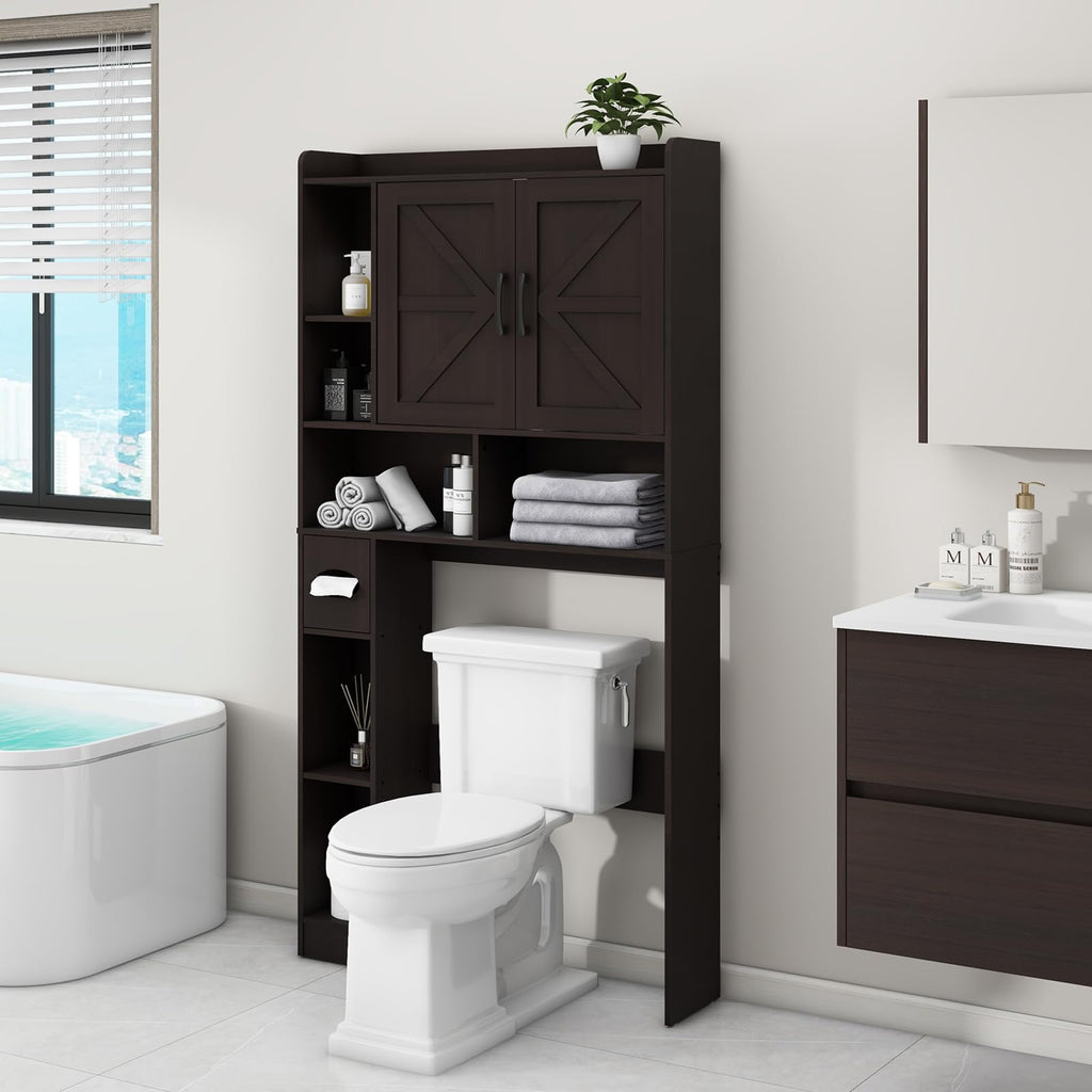 Over The Toilet Storage Cabinet with 2 Barn Doors, Espresso G346