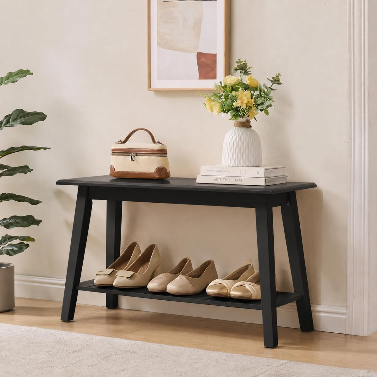 Black Wood Shoe Bench with Storage Shelf L214639