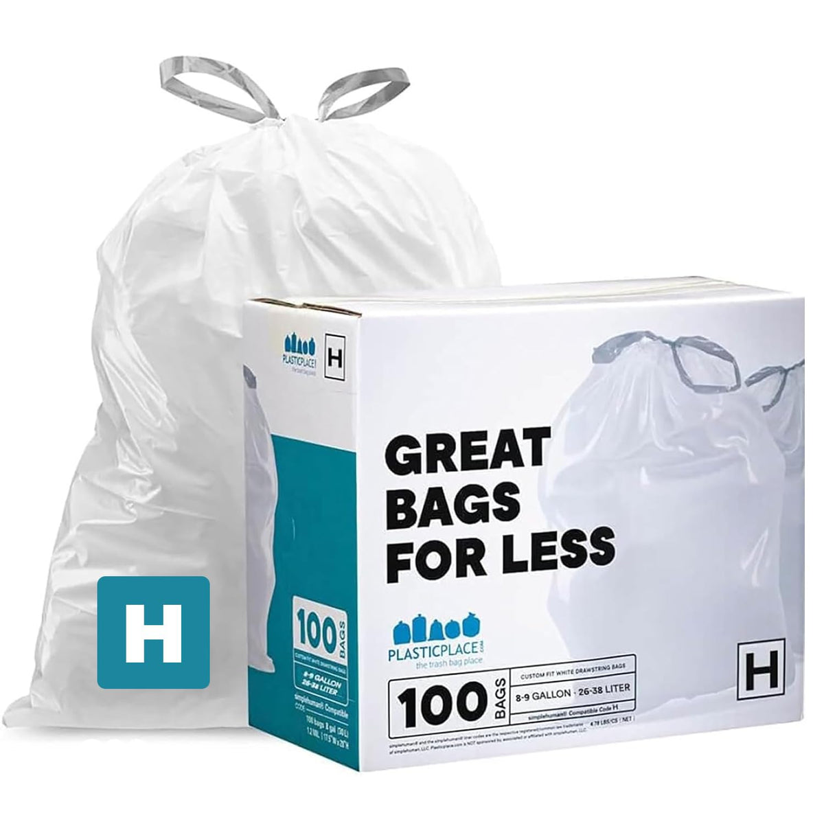 White 8-9 Gallon Drawstring Trash Bags, 100 Count C787