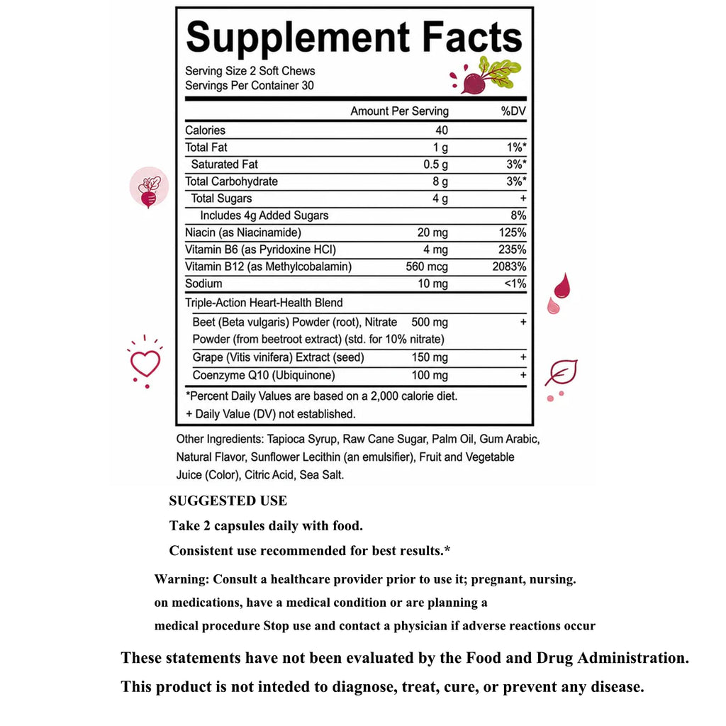 Beet Root Gummies with L-CoQ10 & Grape Seed, Sugar-Free Vegan, 60 Chew X353299