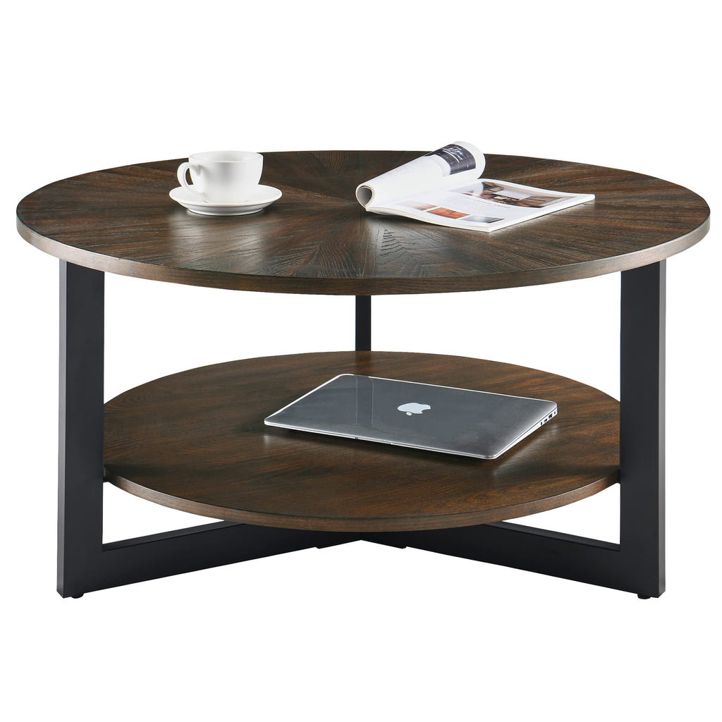 Round Coffee Table with Storage Shelf, Black Metal Legs, 35.3''D x 17.8''H P218
