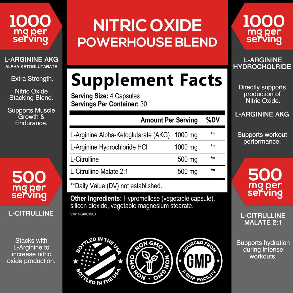 Nitric Oxide Supplement 3000mg Blend L-Arginine & L-Citrulline 120 Capsules I732