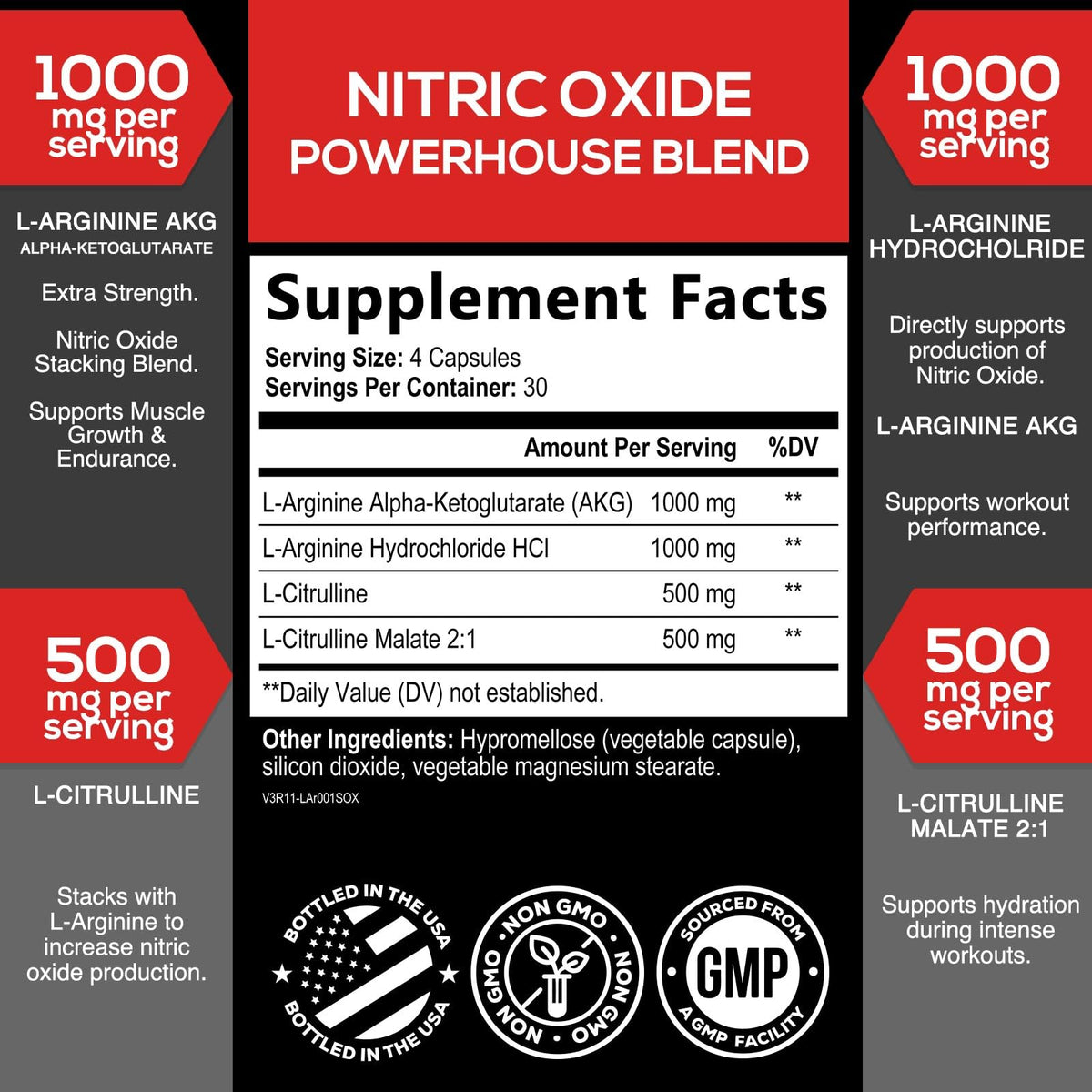 Nitric Oxide Supplement 3000mg Blend L-Arginine & L-Citrulline 120 Capsules I732