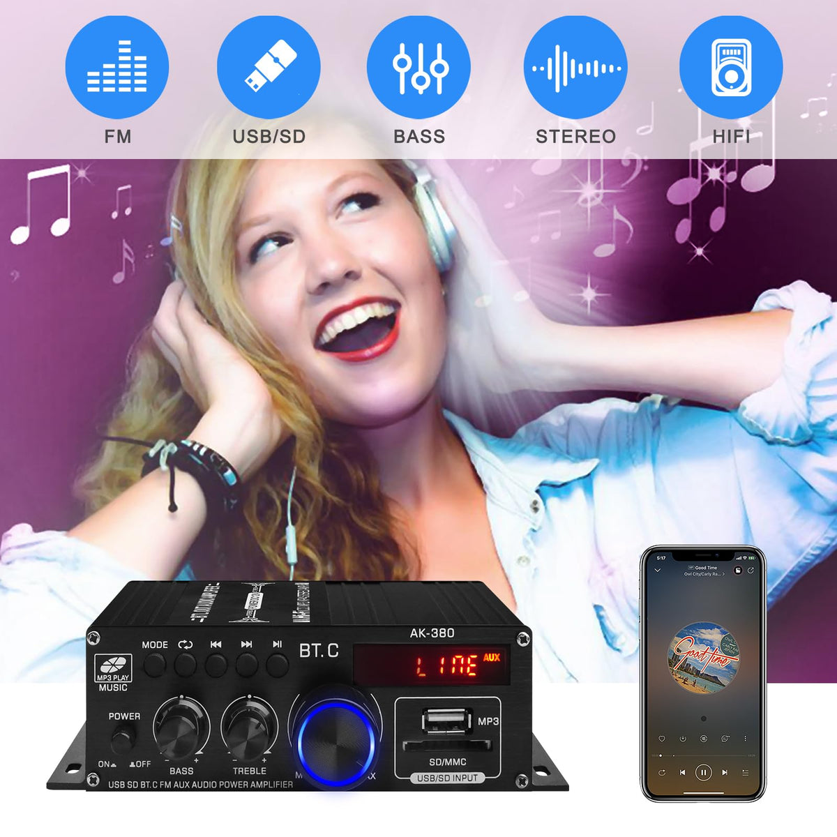 USB SD BT FM AUX Audio Power Amplifier 2.0 CH 40W+40W A4421