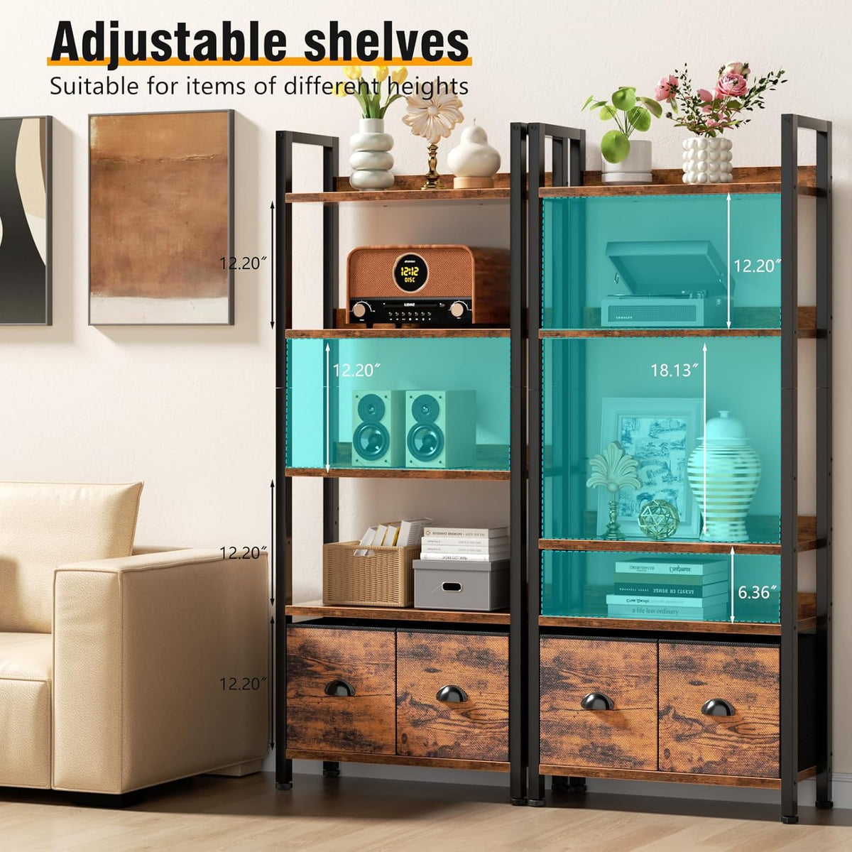 5-Tier Tall Bookshelf with 2 Fabric Drawers A39179