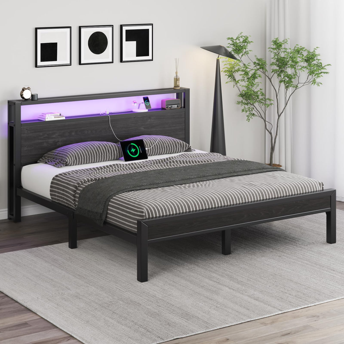 Full Size Bed Frame with Storage Headboard and LED Lights A317