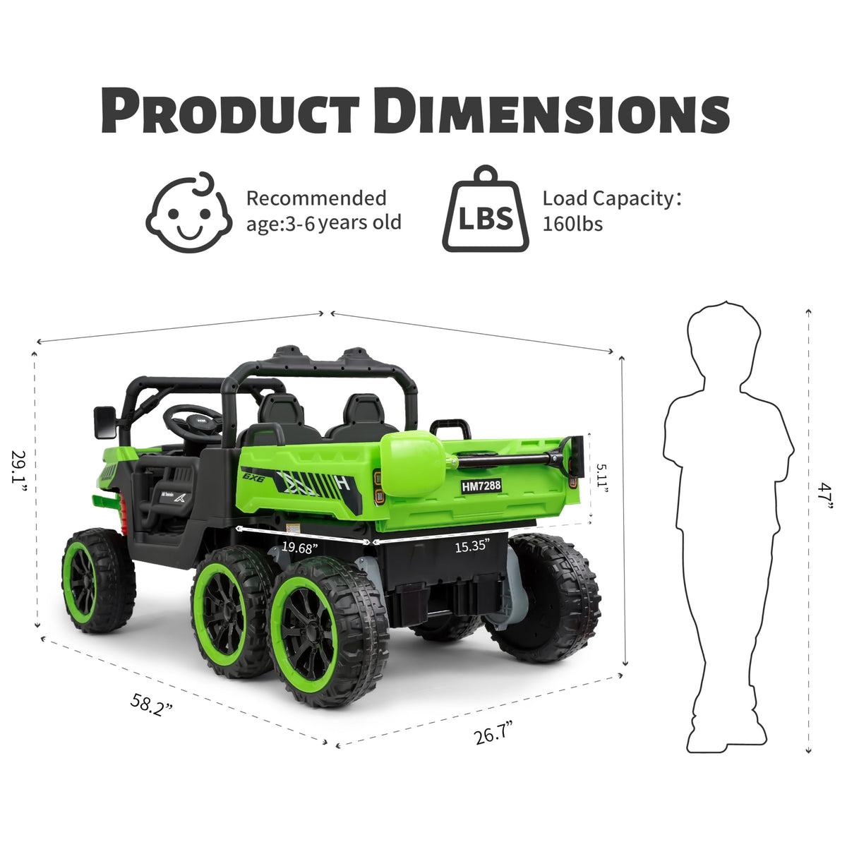 24V 2 Seater 6x6 Electric Ride On Dump Truck with Remote Control, Green U568613