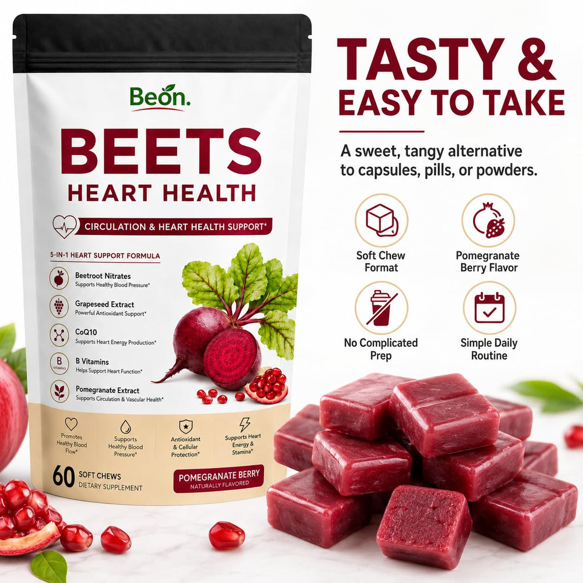 Beet Root Gummies with L-CoQ10 & Grape Seed, Sugar-Free Vegan, 60 Chew X353299