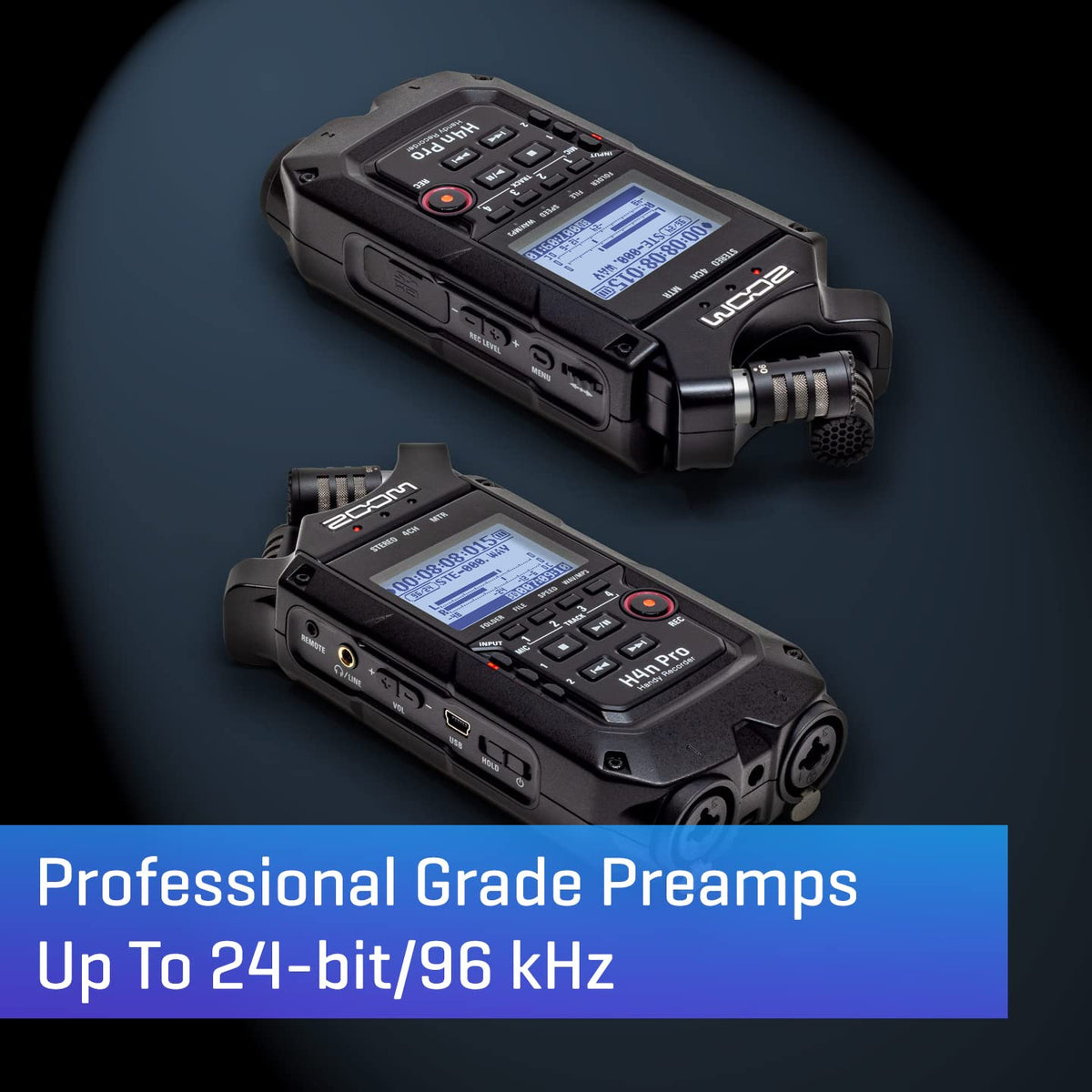 4-Track Portable Recorder, All Black, Stereo Microphones, 2 XLR/ ¼“ Combo Inputs, Battery Powered F38607