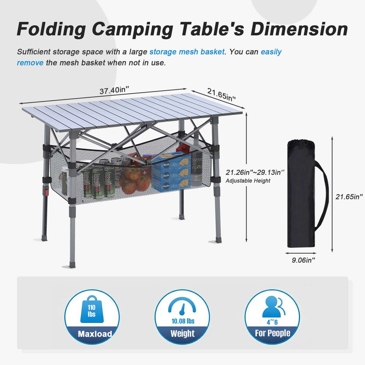 Portable Aluminum Folding Camping Table with Storage Basket C3685