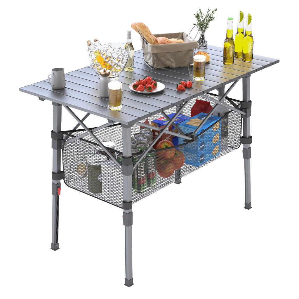 Portable Aluminum Folding Camping Table with Storage Basket C3685