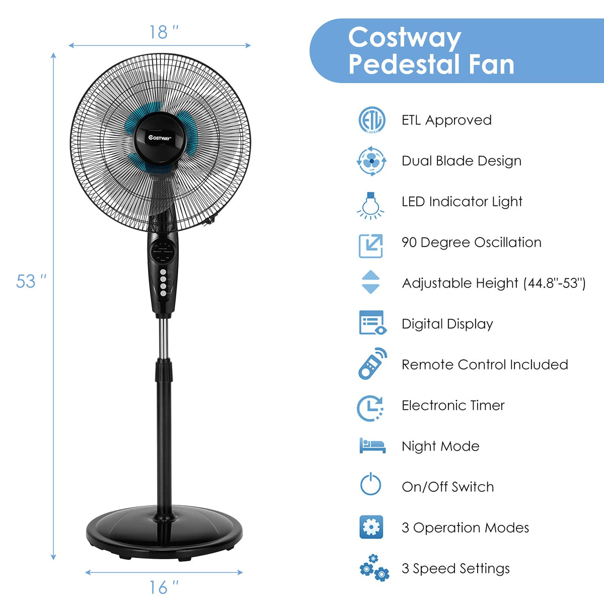 16-Inch Oscillating Pedestal Fan A613008