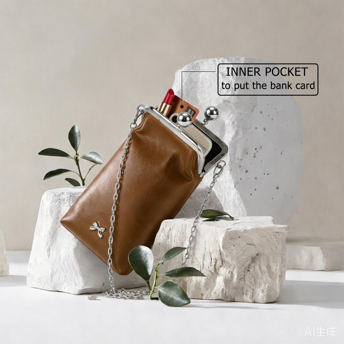 Small Brown Leather Chain Crossbody Bag I817407