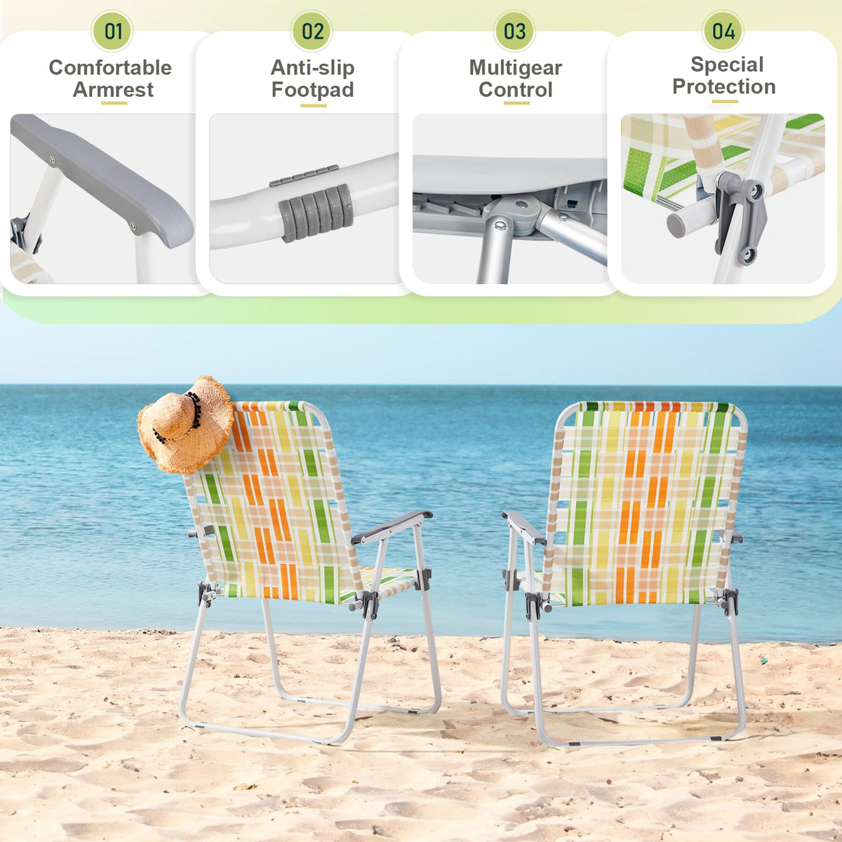 Oversize Webbed Folding Lawn Chair Set of 2 Yellow & Green D863