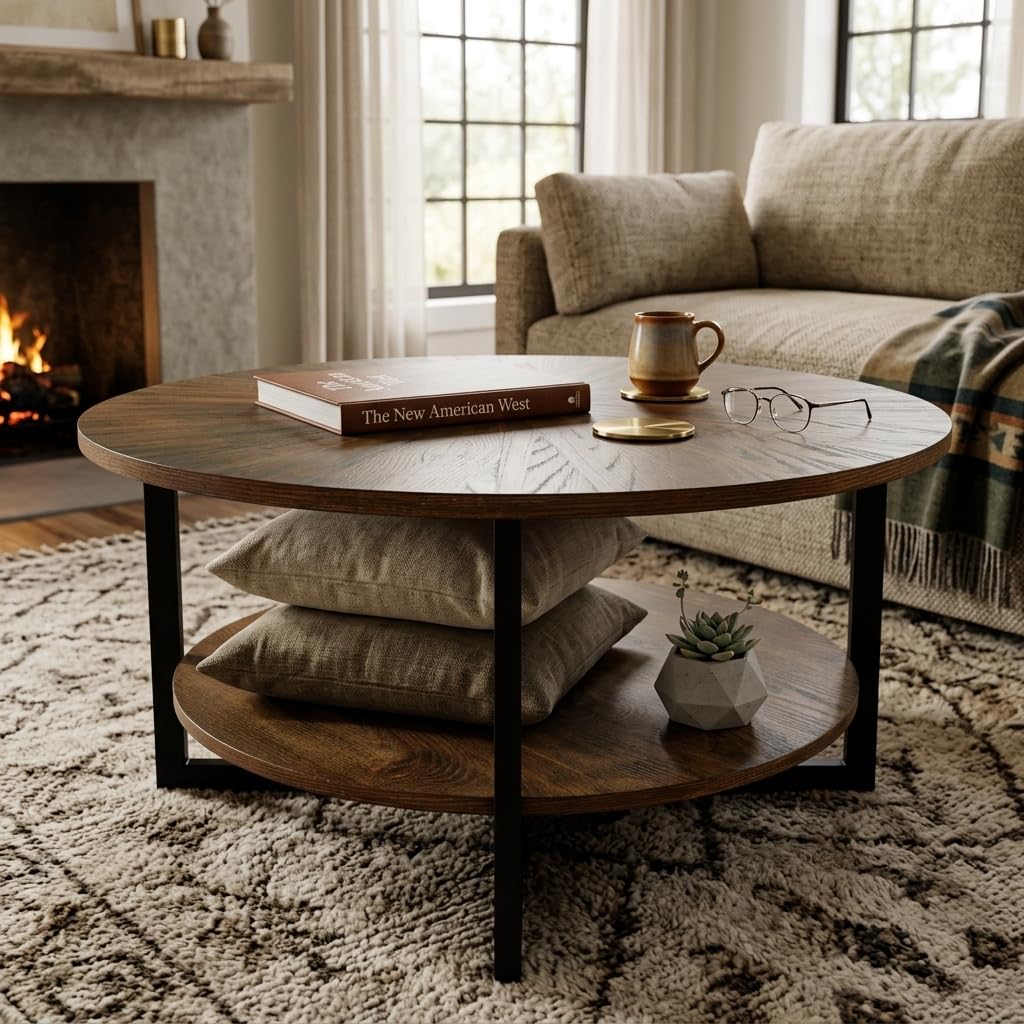Round Coffee Table with Storage Shelf, Black Metal Legs, 35.3''D x 17.8''H P218