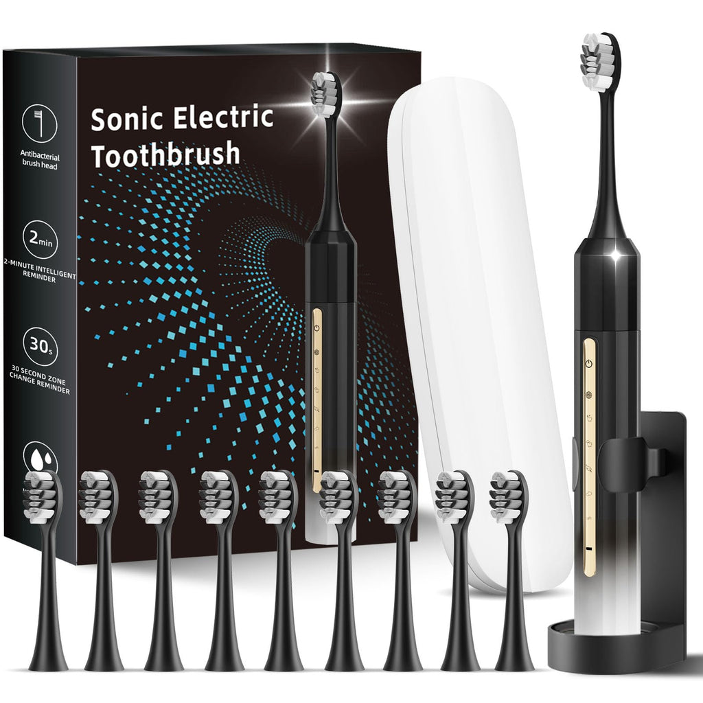 Black White Electric Toothbrush with 10 Brush Heads Q376