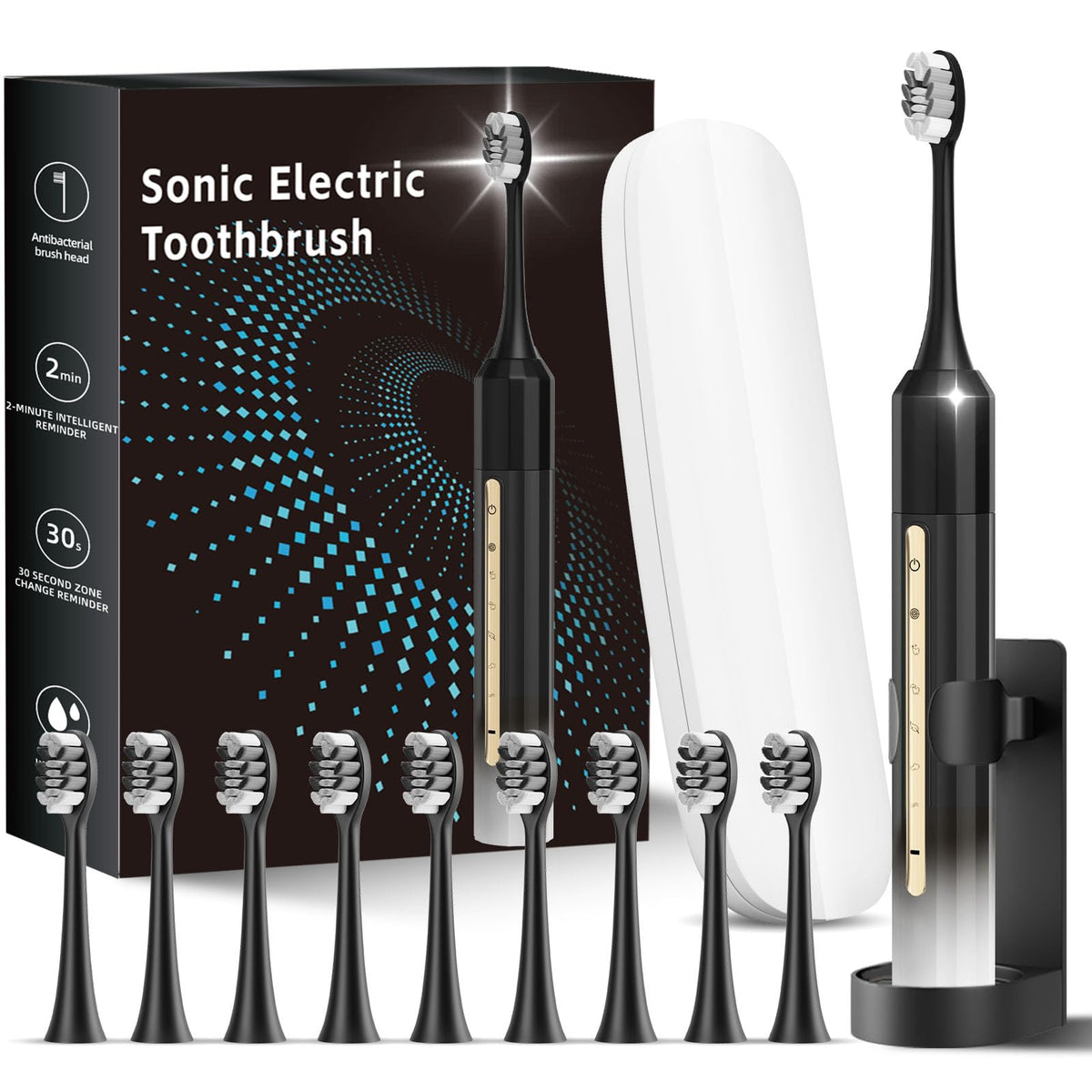 Black White Electric Toothbrush with 10 Brush Heads Q376