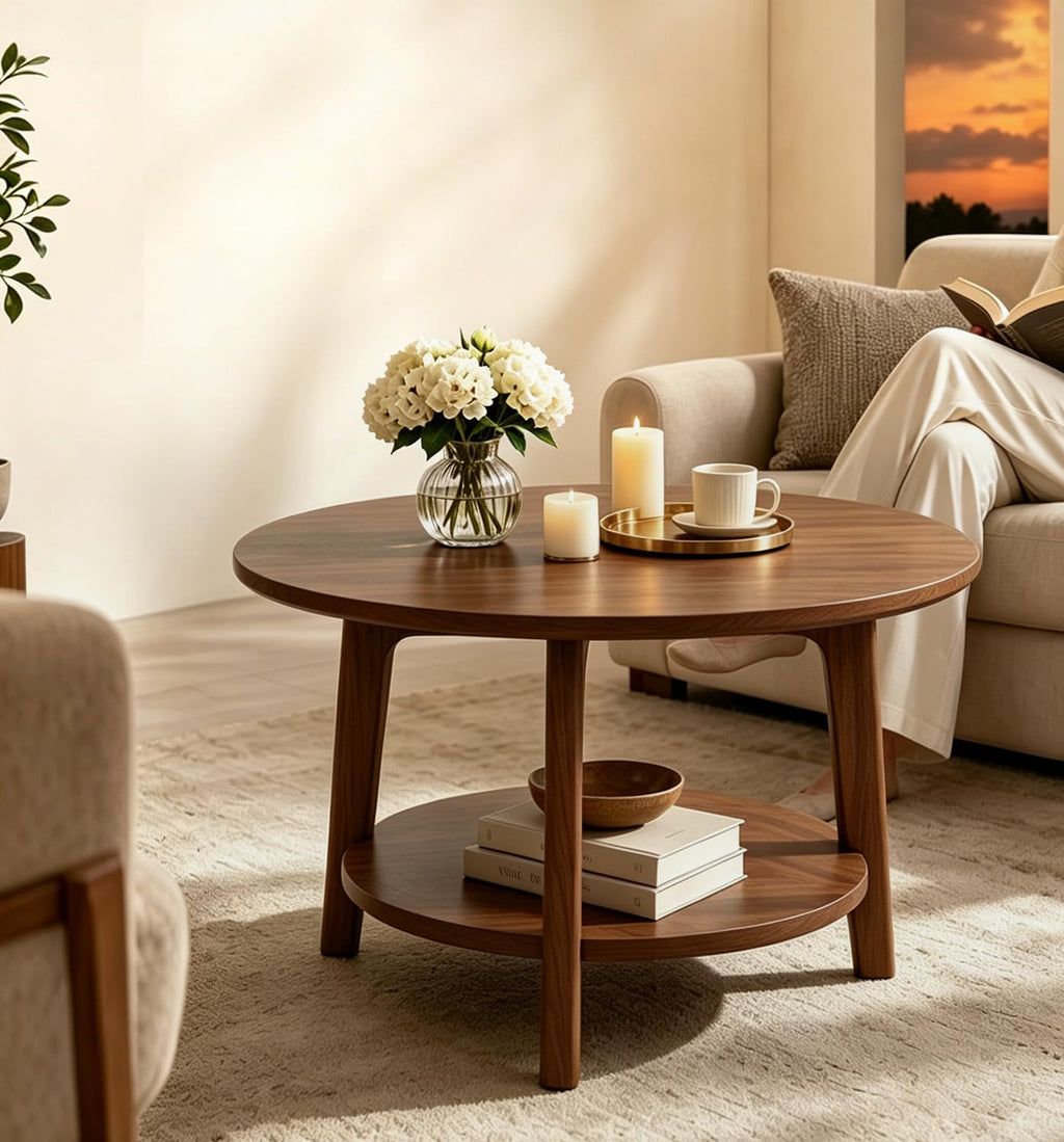 2-Tier Round Wood Coffee Table with Storage Shelf Z764620