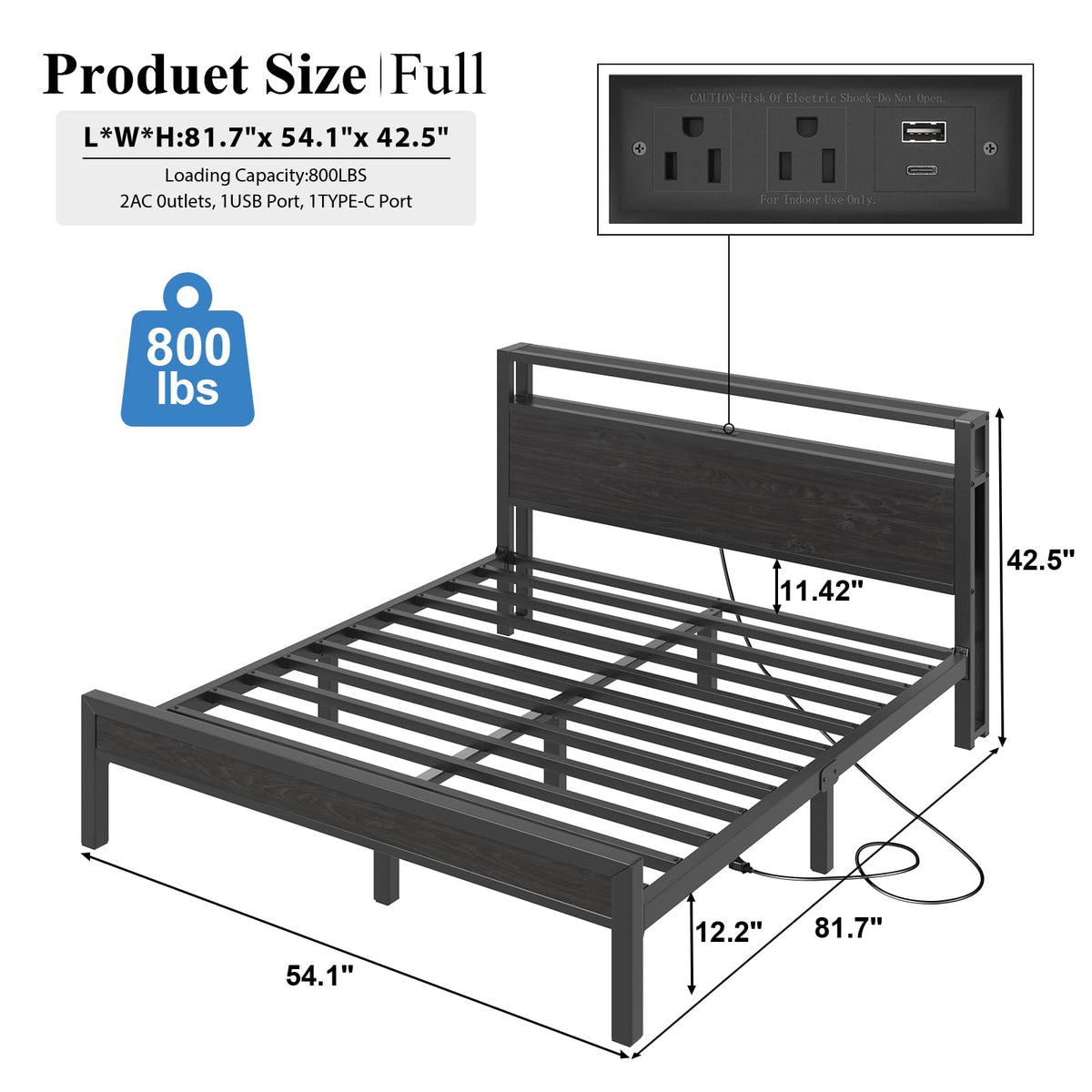 Full Size Bed Frame with Storage Headboard and LED Lights A317