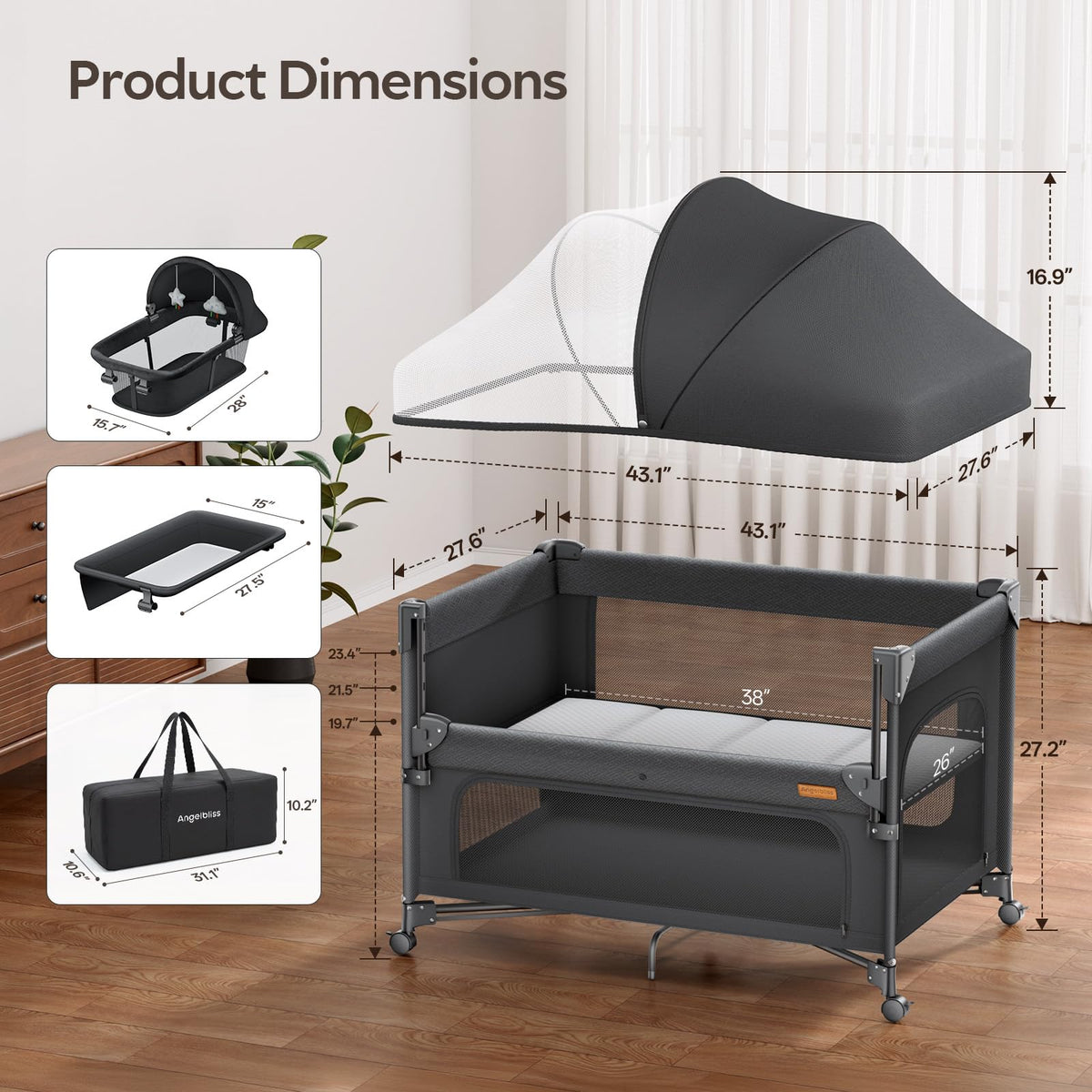 5-in-1 Baby Bassinet Bedside Crib with Changing Table D94058