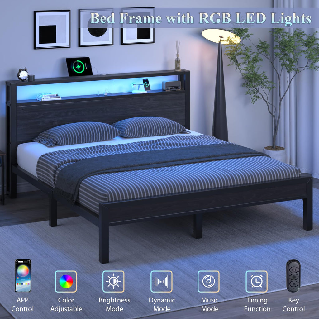 Full Size Bed Frame with Storage Headboard and LED Lights A317