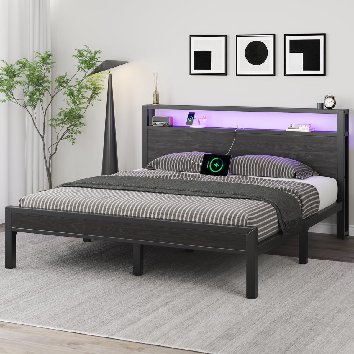 Full Size Bed Frame with Storage Headboard and LED Lights A317