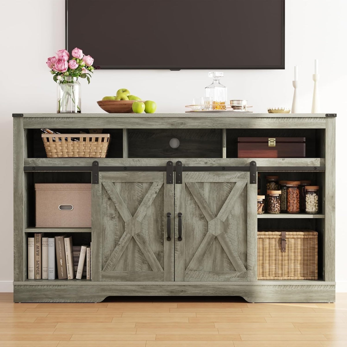 Light Grey Farmhouse TV Stand with Sliding Bar Door E825