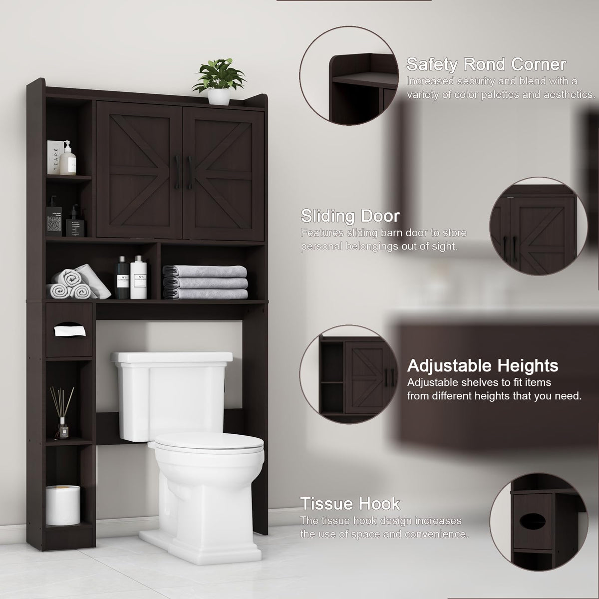 Over The Toilet Storage Cabinet with 2 Barn Doors, Espresso G346