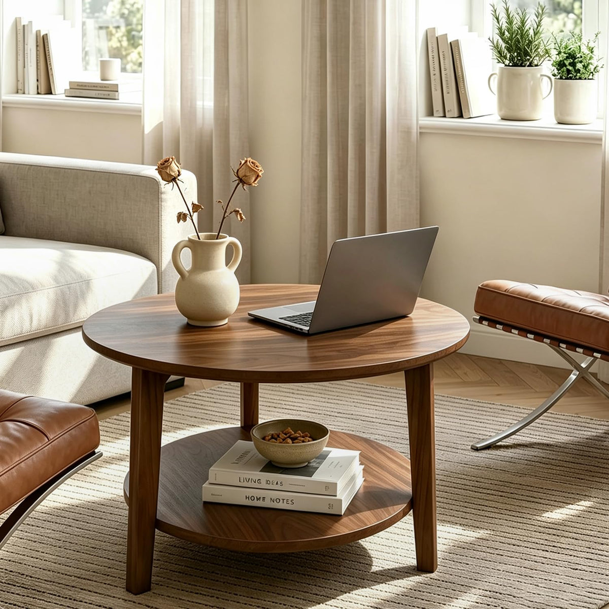 2-Tier Round Wood Coffee Table with Storage Shelf Z764620