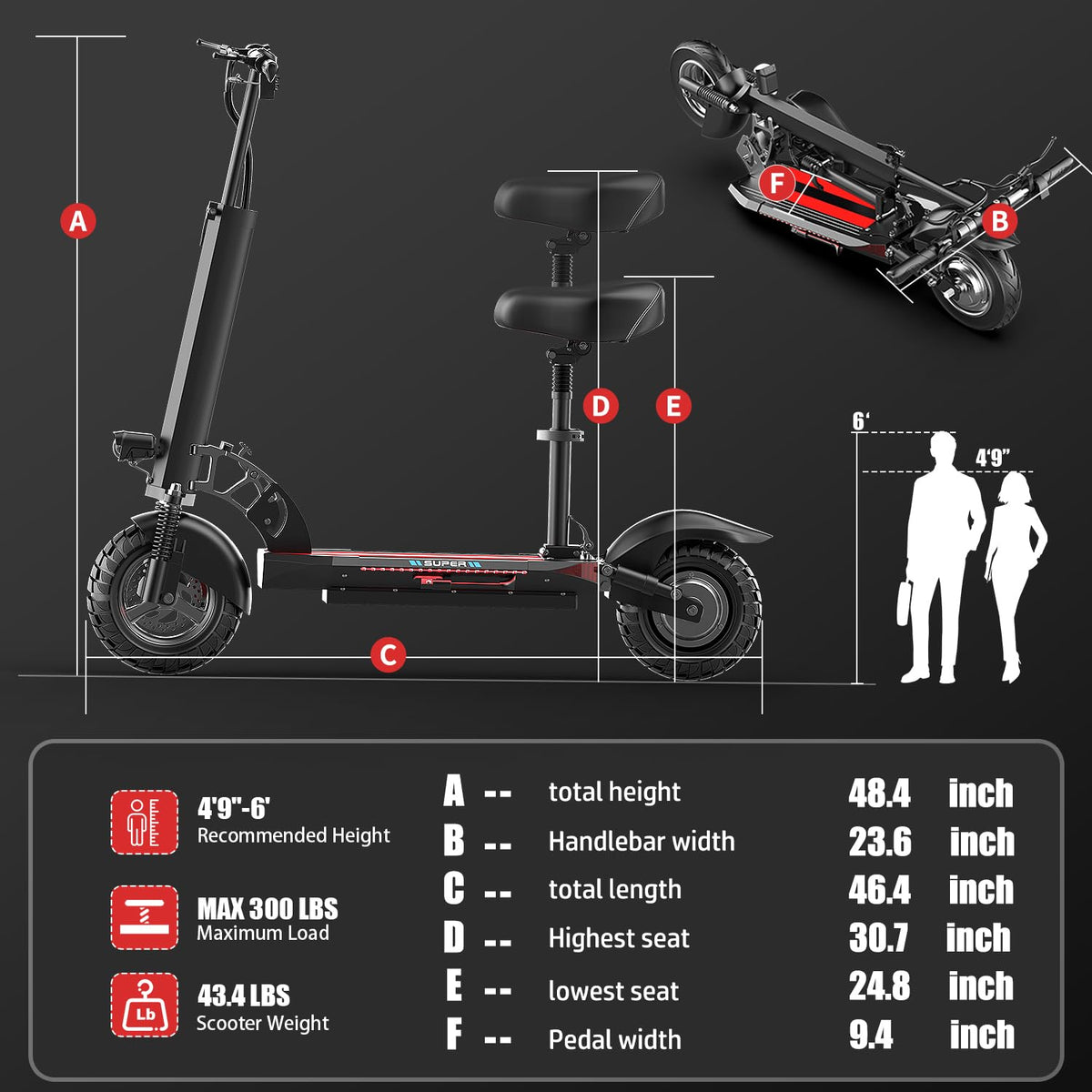 800W 45 Mile Range 25 Mph Foldable Electric Scooter with Seat A9975