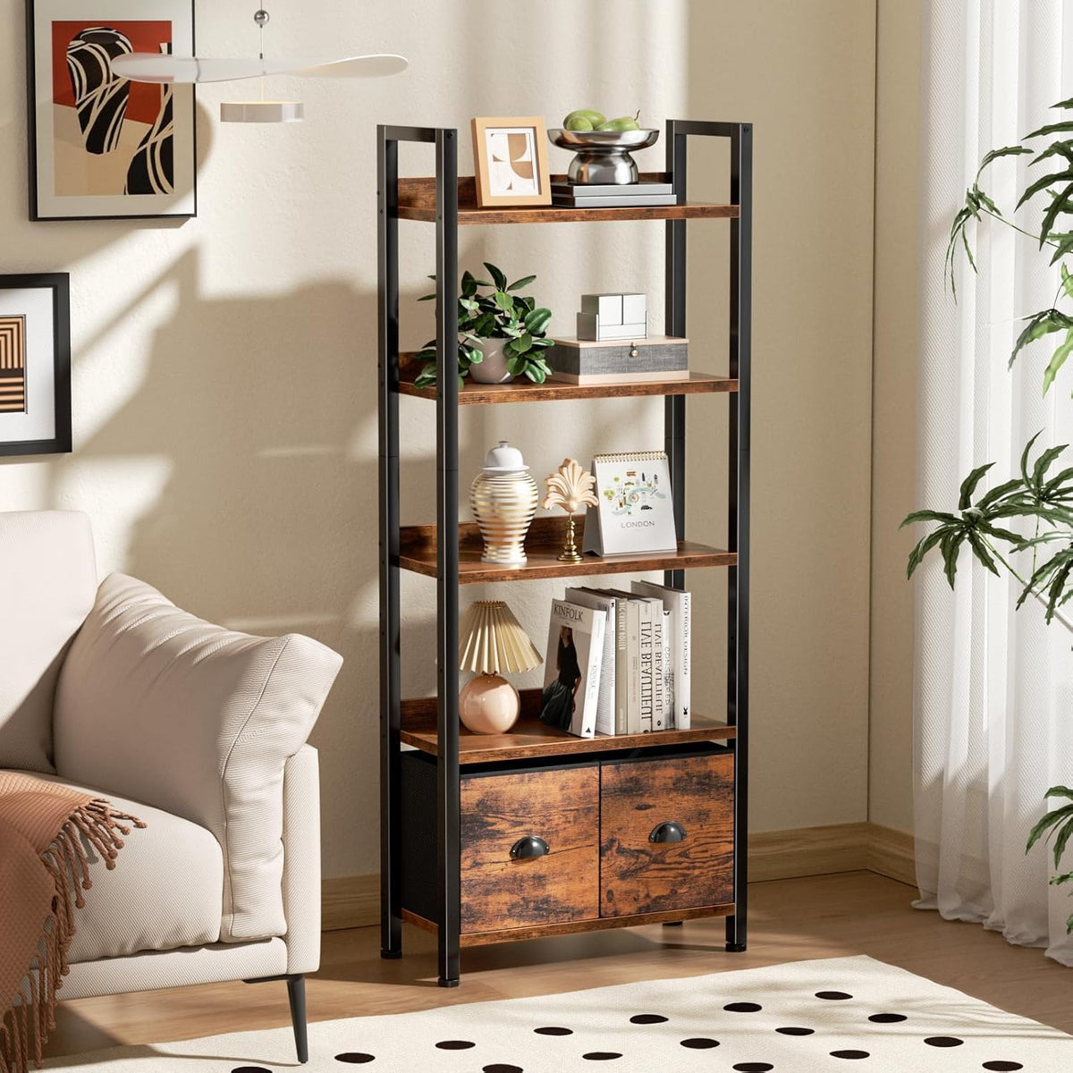 5-Tier Tall Bookshelf with 2 Fabric Drawers A39179
