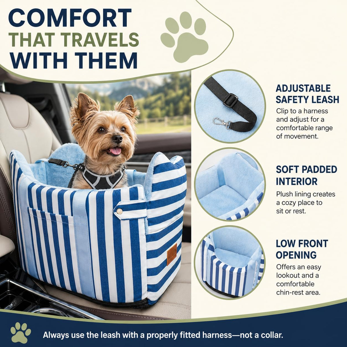 Dog Car Seat for Small Dogs to 15lbs Blue White Stripes V6122