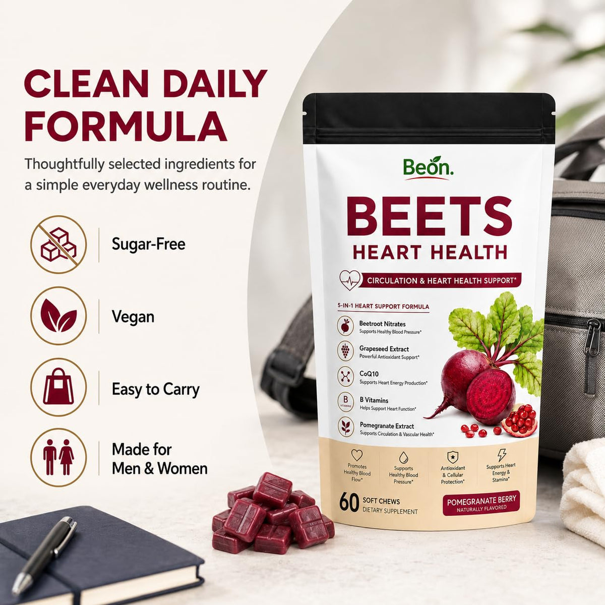 Beet Root Gummies with L-CoQ10 & Grape Seed, Sugar-Free Vegan, 60 Chew X353299