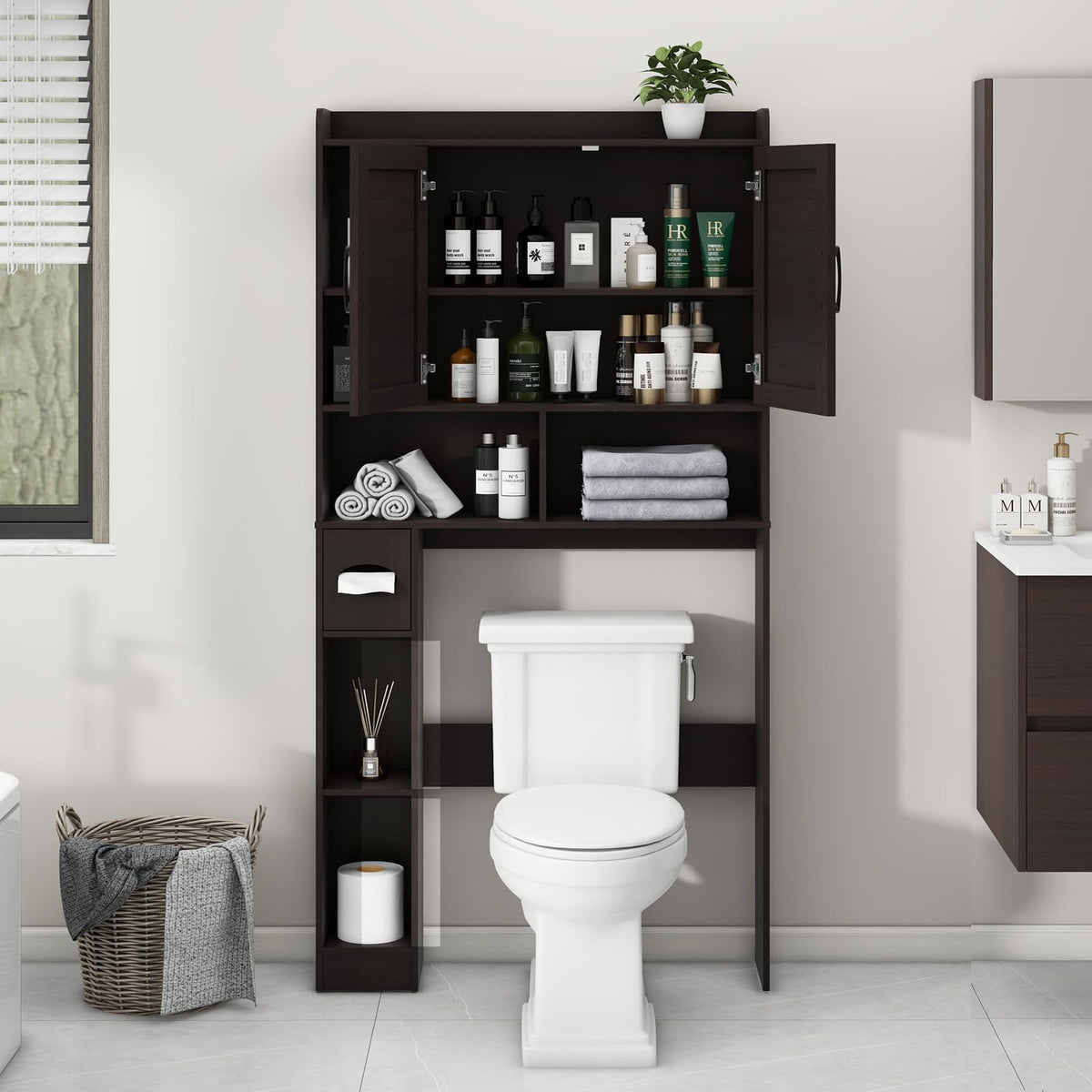 Over The Toilet Storage Cabinet with 2 Barn Doors, Espresso G346