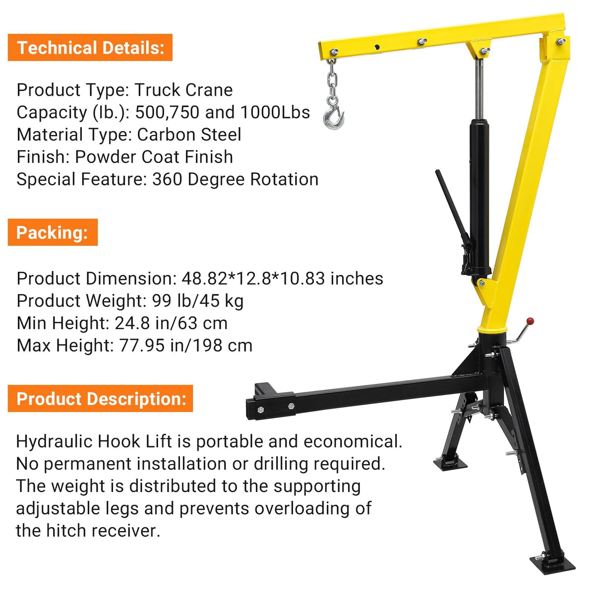 Hydraulic Receiver Hitch Mounted Truck Crane 1000 lbs Capacity M682395