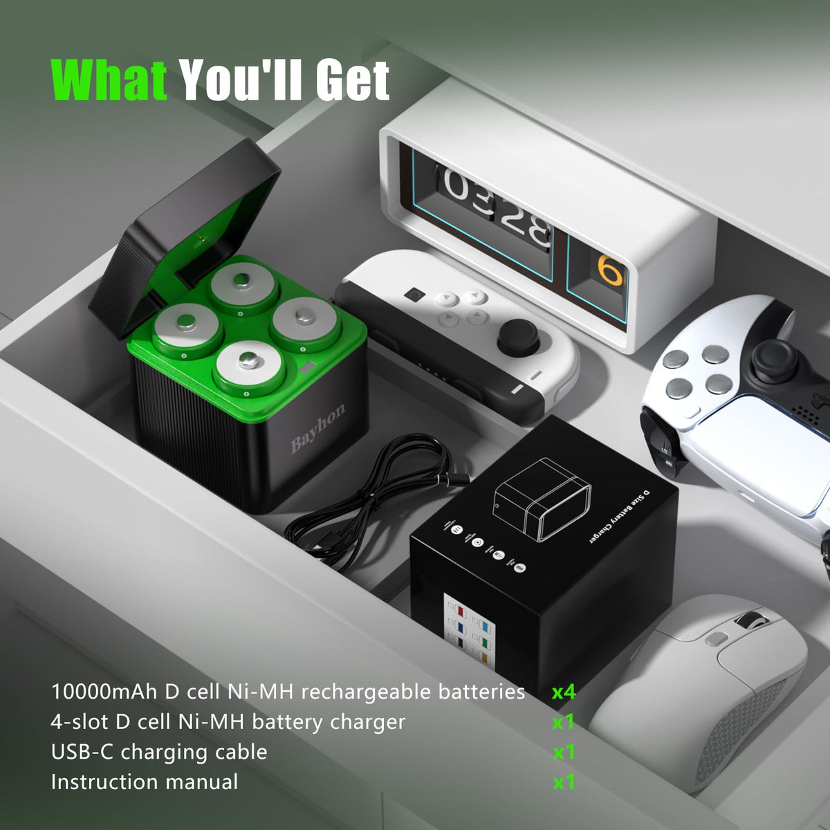 10000mAh D Rechargeable Batteries with 4-Slot Type-C Charger Y9945