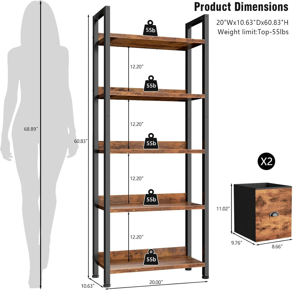 5-Tier Tall Bookshelf with 2 Fabric Drawers A39179