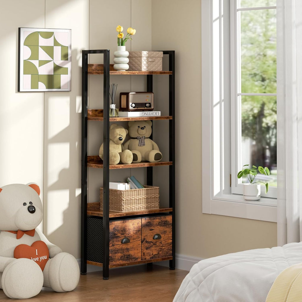 5-Tier Tall Bookshelf with 2 Fabric Drawers A39179
